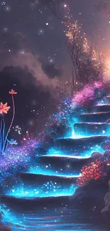 Mystical staircase with glowing flowers under a starlit sky.