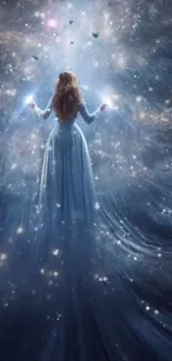 Woman in a flowing dress amidst a starry and mystical night scene.