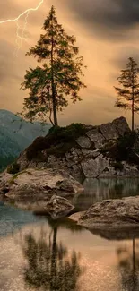 Serene stormy lake with trees and rocks at dusk.