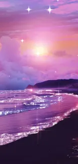 Magical sunset view with glowing beach and vibrant purple sky.