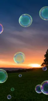 A serene sunset landscape with floating bubbles and vibrant colors.