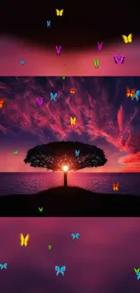 Vivid sunset with tree silhouette and colorful butterflies.