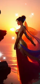 Enchanting silhouette of a mystical woman at sunset by the ocean with vibrant colors.