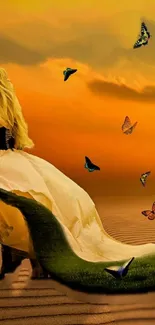 Fantasy woman with butterflies at sunset in orange desert landscape.