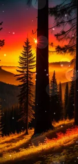 Enchanting sunset over forest with vibrant colors and towering trees.