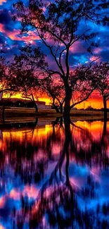 Vibrant sunset reflecting on a tranquil lake.