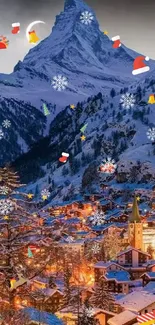 Scenic view of a snowy Swiss village under a crescent moon and mountain night sky.