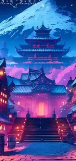 Mystical temple at night with vibrant colors and mountain backdrop.