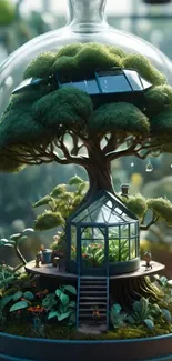 Miniature treehouse in a glass terrarium, lush green setting.