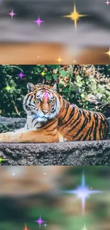 Majestic tiger lounging in a magical, sparkling forest setting.