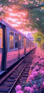 Train on tracks amidst vibrant purple flowers under a sunset sky.