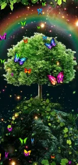 Enchanting tree with butterflies and a rainbow in magical setting.