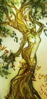 Mobile wallpaper of a mystical tree goddess intertwined with nature.