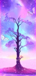 Ethereal tree with butterflies in a purple galaxy background.