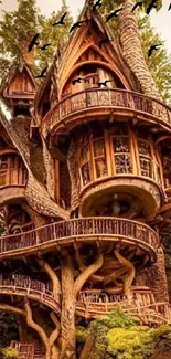 Majestic treehouse surrounded by forest greenery.