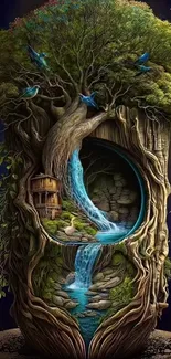Fantasy wallpaper with treehouse and waterfall.