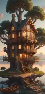 Fantasy treehouse in a serene sunset setting on a tranquil lake.