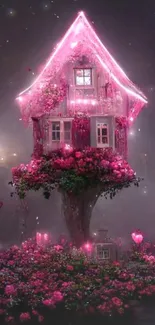 Pink illuminated treehouse with flowers.