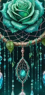 Turquoise dreamcatcher with rose center in artistic style.