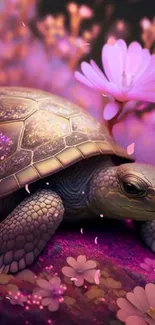 Enchanting turtle with pink flowers on a purple background.