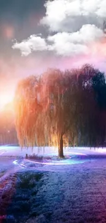 Enchanting tree in pastel twilight with glowing light trails.