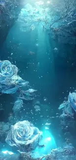 Enchanting underwater blue roses in mystical light.