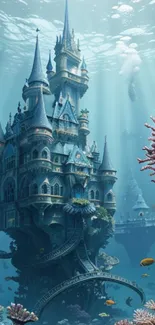 Underwater fantasy castle with vibrant marine life.