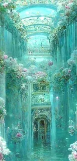 Enchanting underwater corridor with vibrant floral art in turquoise hues.