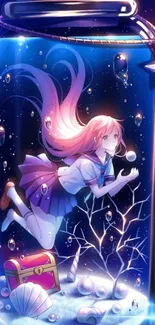 Anime girl in a jar underwater with vibrant blue and pink colors.