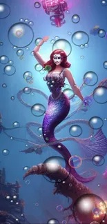 Fantasy mermaid with bubbles in a vibrant underwater scene.