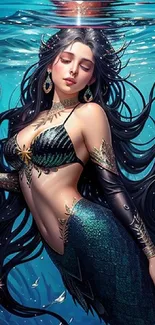 Enchanting mermaid in an underwater fantasy scene.