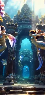 Mermaids swim gracefully in an ancient underwater temple.