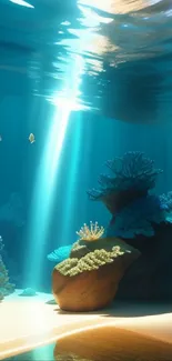 Stunning underwater scene with coral reefs and colorful fish in teal waters.