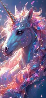 Magical unicorn with colorful mane and glowing horn in a fantasy setting.