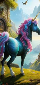 Fantasy art of a unicorn in a mystical landscape.