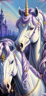 Artwork of two unicorns in a fantasy scene with lavender hues.