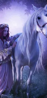 Fantasy unicorn with maiden in a purple-hued forest scene.