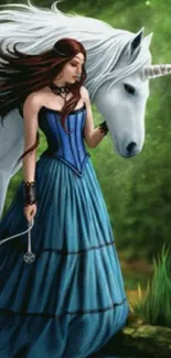 Fantasy wallpaper with unicorn in magical forest setting.