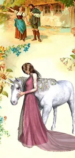 Fantasy artwork with a lady and unicorn in a village setting with flowers.