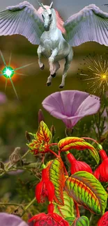 Flying unicorn with vibrant flowers in enchanting fantasy scene.