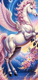 Enchanting unicorn with colorful wings in a fantasy landscape.