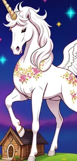 Magical unicorn with flowers in a starry fantasy background.