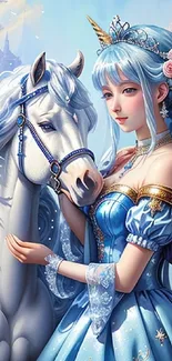 Fantasy wallpaper with princess and unicorn in a magical forest scene.