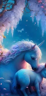 Magical unicorns under moonlit sky with dreamy blue and pink hues.