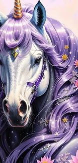 Majestic unicorn with purple mane and blossoms in a fantasy scene.