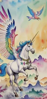 Majestic unicorn with rainbow wings set in a vibrant fantasy scene.