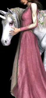 Woman in a flowing gown with a unicorn, magical fantasy scene.