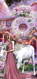 Unicorn standing beside woman in pink dress in whimsical garden scene.