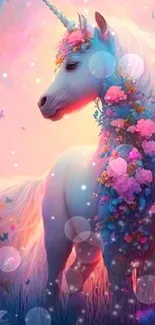 Majestic unicorn with pastel flowers amid a sunset sky.