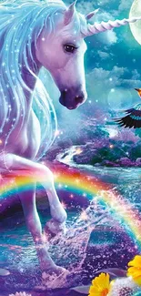 Magical unicorn with rainbow and flowers under a purple moonlit sky.